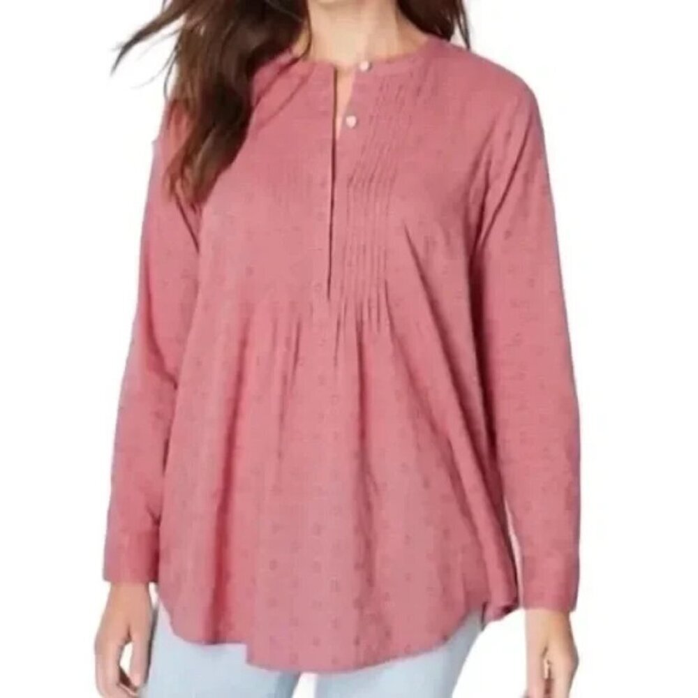 J JILL Women Pullover Pintuck‎ Tunic Top Long Sleeve Blouse Sz LP Pink 72-7